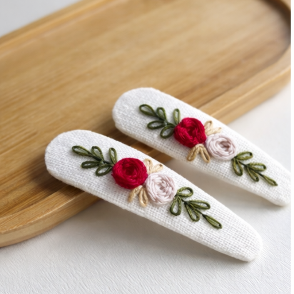 Handmade Floral Embroidery Hair Pins – Premium Fabric Clip Set (2 pcs)