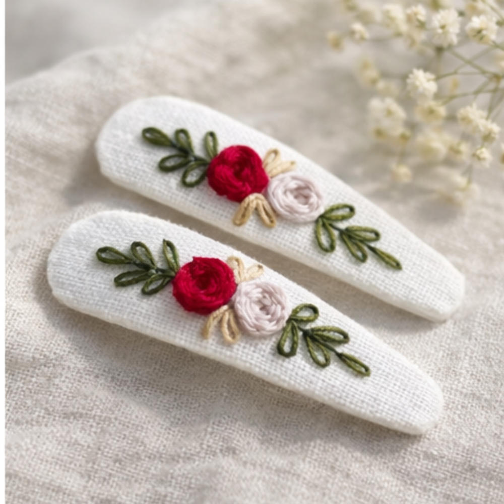 Handmade Floral Embroidery Hair Pins – Premium Fabric Clip Set (2 pcs)