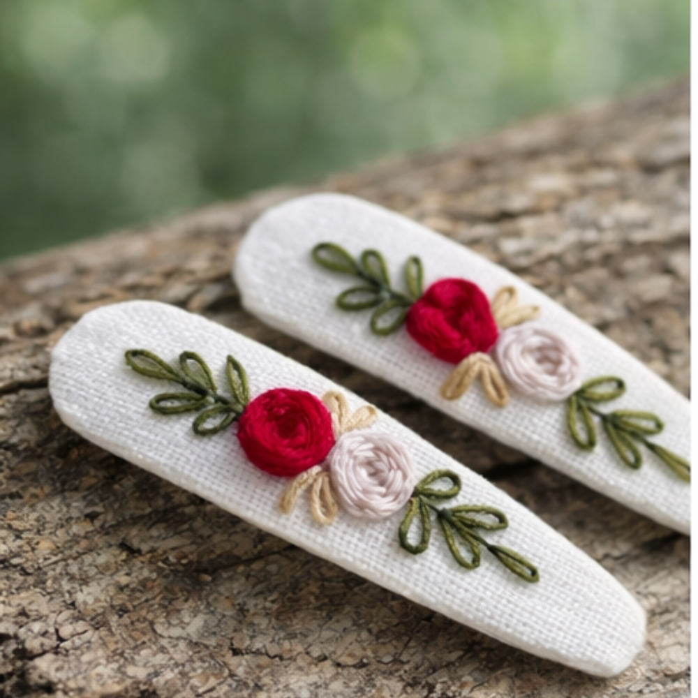 Handmade Floral Embroidery Hair Pins – Premium Fabric Clip Set (2 pcs)