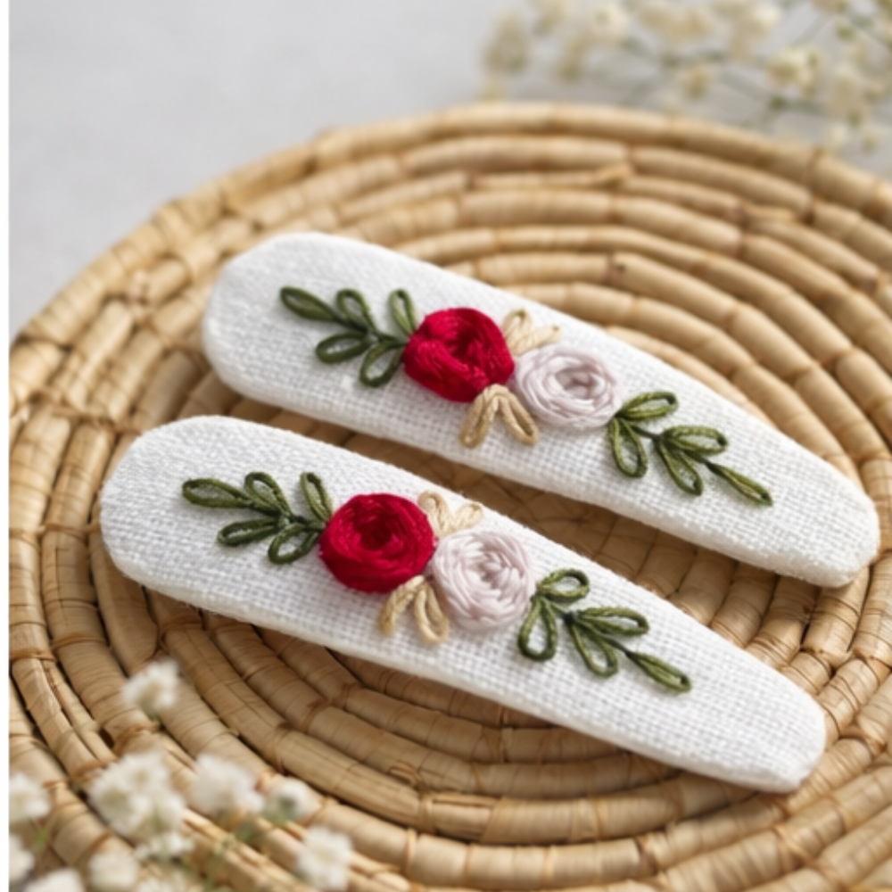 Handmade Floral Embroidery Hair Pins – Premium Fabric Clip Set (2 pcs)
