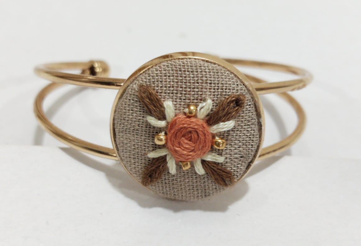 Handmade Floral Embroidery Golden Cuff Bracelet | Elegant Women Jewellery