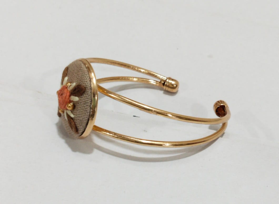 Handmade Floral Embroidery Golden Cuff Bracelet | Elegant Women Jewellery