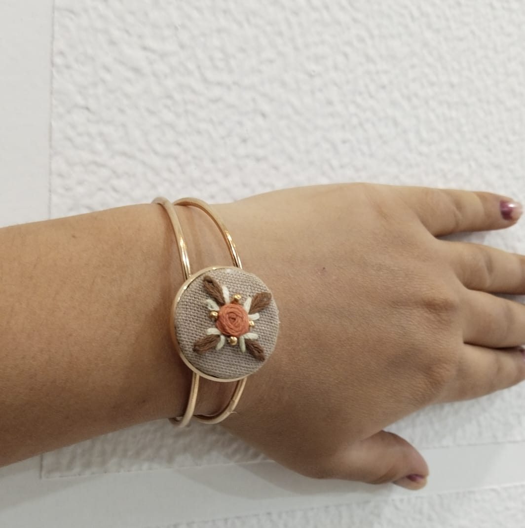 Handmade Floral Embroidery Golden Cuff Bracelet | Elegant Women Jewellery
